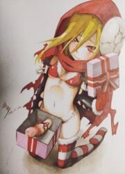 1futa blonde_hair blush box christmas cum cute_fang dick_in_a_box ejaculation evileye futanari gift hi_so highres hoodie intersex long_hair looking_at_viewer overlord_(maruyama) penis_ribbon pov present red_eyes red_hood ribbon striped striped_legwear