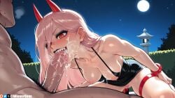 1boy ai_generated black_dress blush bracelet breasts chainsaw_man clothed_female_nude_male collarbone cum cum_in_mouth cum_on_body cum_on_breasts cum_on_tongue demon_horns dress erection facial fellatio female full_moon horns jewelry long_hair male_pubic_hair medium_breasts moon night night_sky nipples nude open_mouth oral orange_eyes outdoors patreon_username penis pink_hair power_(chainsaw_man) pubic_hair pussy red_horns sharp_teeth sky solo_focus star_(sky) straight sweat teeth thigh_strap tongue tongue_out uncensored veins veiny_penis wienergens