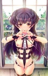 black_hair blush bondage bondage bound breasts collar female idolmaster idolmaster_shiny_colors kouguchi_moto mayuzumi_fuyuko nipple_piercing nipples piercing