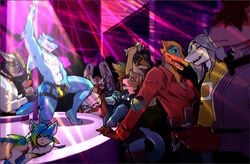 alcohol anthro armpits avian beverage bulge canine cirrus_(xp) clothed clothing dragon fish fox group lizard male male_only mammal marine nlr_domain open_mouth pole reptile scalie shark smile strip_club stripper stripper_pole teasing underwear wings