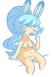 2017 alice_(inkyfrog) anthro barely_visible_genitalia blue_eyes blue_hair breasts buckteeth female hair inkyfrog lagomorph mammal navel nipples nude open_mouth pussy rabbit simple_background sitting solo subtle_pussy teeth white_background