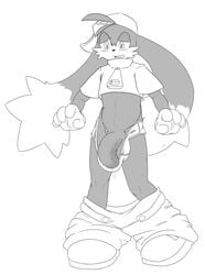 anthro clothed clothing klonoa klonoa_(series) male male_only mammal monochrome okineko pants_down partially_clothed penis solo