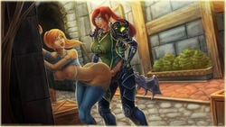 areolae big_breasts blonde_hair breasts death_knight dickgirl erection female from_behind futa_on_female futanari human intersex large_breasts nipples penis ponytail red_hair sarayla sex shirt_lift stormwind tabard tied_hair veerle vempire warcraft world_of_warcraft