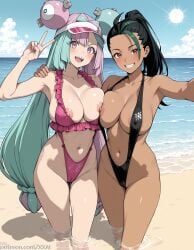 2girls :d ai_generated alternate_breast_size alternate_costume areola_slip armpits asymmetrical_docking bare_shoulders beach bikini black_bikini black_hair black_one-piece_swimsuit blue_hair blue_sky blush bow-shaped_hair breast_press breasts cameltoe casual_one-piece_swimsuit character_hair_ornament cleavage cloud collarbone covered_nipples dark-skinned_female dark_skin day female female_only frilled_bikini frills green_hair grin groin hair_ornament hand_on_another's_shoulder hand_up hexagon_print highleg highleg_bikini highleg_swimsuit horizon iono_(pokemon) large_breasts long_hair looking_at_viewer low-tied_long_hair multicolored_hair multiple_girls navel nemona_(pokemon) nintendo nipple-to-nipple nipple_slip nipples ocean one-piece_swimsuit open_mouth outdoors pink_bikini pink_eyes pink_hair pink_one-piece_swimsuit pokemon ponytail red_eyes sand selfie sharp_teeth shore sky slingshot_swimsuit smile split-color_hair standing stomach streaked_hair sun swimsuit teeth thighs twintails two-tone_hair upper_teeth_only v very_long_hair visor_cap wading water web_address xxai