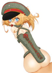 1girls anus arms_behind_back ass ball_gag blonde_hair blue_eyes blush bondage bound canon_genderswap female flat_chest gag hair_between_eyes hat heart heart-shaped_pupils human looking_at_viewer looking_back mikunido202 military_hat monoglove simple_background solo symbol-shaped_pupils tanya_degurechaff tears white_background youjo_senki