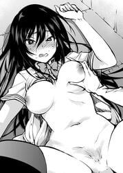 blush bottomless breast_grab breasts clenched_hand female frown grabbing greyscale long_hair monochrome navel nipples original partially_undressed pubic_hair sakayama_shinta school_uniform sex short_sleeves skindentation sweat thighhighs unbuttoned unbuttoned_shirt wavy_mouth