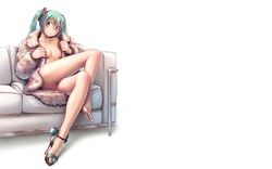 aqua_eyes aqua_hair aqua_nails breasts couch feet female hatsune_miku high_heels legs_crossed lips nail_polish naked_footwear naked_heels nude open_toe_shoes pussy sandals single_shoe sitting smile teal_hair tied_hair toenail_polish toenails toes twintails uncensored vocaloid white_background wokada