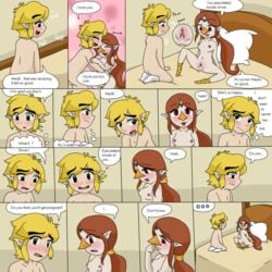 animal_humanoid avian bed blush comic cum cum_inside duo ear_piercing elf english_text female green_eyes hair heart humanoid link lying male medli mysterious_mew nintendo nude piercing straight text the_legend_of_zelda the_wind_waker toon_link video_games wind_waker young