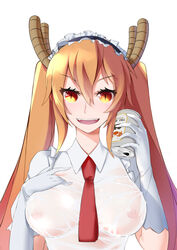 blonde_hair blush breasts can female female_only horns koba large_breasts maid maid_headdress miss_kobayashi's_dragon_maid mrnn red_eyes see-through smile solo tohru_(dragon_maid)