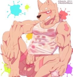 2016 abs anthro balls biceps brown_fur brown_penis canine clothed clothing condom erection eyewear fur glasses male male_only mammal markings muscular muscular_male nipples partially_clothed penis red_eyes see-through seecle_4511 shirt smile solo vein wet_clothes wet_shirt