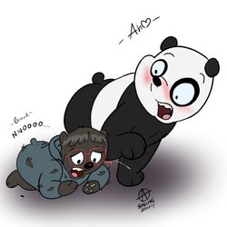 anthro bear cartoon_network chloe clothing duo eyewear glasses jacket mammal orgasm panda_(character) panda_(wbb) penis sanddune simple_background torn_clothing transformation we_bare_bears