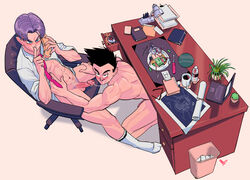 2boys abs bara black_hair black_hair_bottom blush bottomless desk domination dragon_ball dragon_ball_gt dragon_ball_z drooling erection fellatio gay grin handcuffs licking licking_lips light_hair_on_dark_hair looking_at_viewer male_only multiple_boys muscle naughty_face necktie penis phone pinkuknife purple_hair purple_hair_on_black_hair purple_hair_top saliva sex_toy sitting smile socks son_goten tissue tongue trunks_briefs undressing yaoi