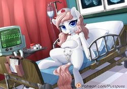 2017 animal_genitalia animal_pussy anus blue_eyes clipboard dock equine equine_pussy female feral friendship_is_magic hair hat horse looking_at_viewer mammal my_little_pony nurse_hat nurse_redheart patreon pillow pink_hair pony pusspuss pussy scissors solo