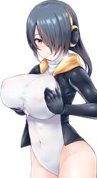 3: after_paizuri bangs black_hair blush breast_squeeze breasts closed_mouth cowboy_shot cum cum_on_body cum_on_breasts cum_on_upper_body emperor_penguin_(kemono_friends) female hair_over_one_eye headphones highlights hood hoodie kemono_friends large_breasts leotard long_hair looking_at_viewer multicolored_hair open_clothes open_hoodie simple_background solo uni8 white_background white_leotard yellow_eyes