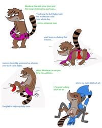 anthro avian balls bird blue_jay brown_fur cartoon_network corvid crossdressing dirty_talk duo fur furry male male_only mammal mordecai open_mouth penis raccoon regular_show rigby sex simple_background yaoi