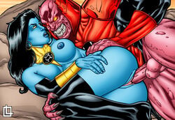 atrocitus big_teeth black_hair blue_skin dc dc_comics earrings green_lantern_(series) insertion interspecies leandro_comics looking_at_another lying lying_down lying_on_side lyssa_drak monstrous on_side outdoor outdoor_sex penetration red_lantern red_lantern_corps red_skin sex sharp_teeth sinestro_corps spoon_position spooning teeth vaginal_insertion vaginal_penetration vaginal_sex yellow_eyes yellow_lantern