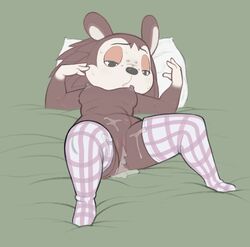 animal_crossing anonymous_(artist) anthro blush breasts brown_fur clothing creampie cum cum_in_pussy cum_inside cum_on_body cum_on_leg female fur furry furry_only hedgehog kaboozey legwear lying mammal mostly_nude naked nintendo nipples nude on_back pillow pussy sable_able solo sweat video_games