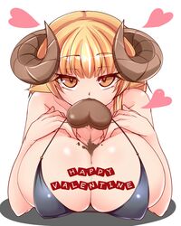 animal_ears bikini black_bikini black_swimsuit blonde_hair breast_suppress breasts chocolate eating erect_nipples female female horns huge_breasts invitation looking_at_viewer mouth_hold nana_(mogs1225) orange_eyes orange_hair original sexually_suggestive short_hair simple_background solo swimsuit upper_body valentine white_background