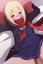 ahoge artoria_pendragon bangs bed black-framed_glasses black_legwear blonde_hair blue_skirt braid covered_mouth eyebrows_visible_through_hair fate/grand_order fate_(series) french_braid fringe garter_straps glasses grinding hair_between_eyes hair_ribbon highres looking_at_viewer mysterious_heroine_x_(alter) navy_blue_serafuku neckerchief penis pillow plaid plaid_scarf pleated_skirt red_scarf ribbon scarf semi-rimless_glasses short_hair_with_long_locks sidelocks skirt solo thighhighs tied_hair under-rim_glasses yellow_eyes