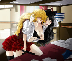 2girls animal_ears bed biting black_bra black_hair black_legwear black_panties blake_belladonna blonde_hair blush bra bra_pull breast_grab bunk_bed canon_couple cleavage closed_eyes clothed clothed_sex clothes clothing dress_shirt drooling eyes_closed female_only fingering fingering_under_skirt from_behind grabbing grabbing_from_behind groping groping_from_behind hand_in_another's_panties hand_in_panties happy kissing kissing_neck kneeling light-skinned_female light_skin long_hair looking_pleasured neck_kiss open_clothes open_mouth open_shirt open_smile pale-skinned_female pale_skin panties passionate plaid_skirt pleasure_face rwby school_uniform shirt skirt smile smiling standing strap_slip sweat tagme thighhighs wholesome y8ay8a yang_xiao_long yaya_(y8ay8a) yuri