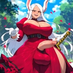 1girls ai_generated animal_ears belt breasts bunny_ears cleavage dark_skin dress erection futanari gloves huge_breasts huge_cock long_hair looking_at_viewer mature_female miruko my_hero_academia penis penis_out racerai red_eyes sky solo sword tail teeth testicles uncensored veins white_gloves white_hair