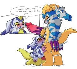 absurd_res animal_skin bandai_namco blush bodily_fluids cel_shading claws cum cum_drip digimon digimon_(species) dripping duo ear fangs fellatio floppy_ears gabumon garabumon genital_fluids genitals green_eyes hi_res horn male male/male oral penile penis red_eyes sex shaded simple_background sinfrou speech_bubble tail teeth white_background yellow_body