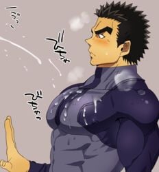 1boy abs akihiro_altland bara biceps big_pecs black_eyes black_hair blush blushing clothed clothing cum cum_on_body cum_on_chest cum_on_pecs cum_on_pectorals ejaculation grey_background gundam huge_pecs human human_only male male_chest male_focus male_only muscle muscles muscular muscular_male pecs pectorals solo solo_focus solo_male steam sweat sweatdrop thick_eyebrows tight_clothes tight_clothing yaoi