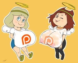 angel beth_(godalmite) blonde_hair blue_eyes breasts brown_hair circlet godalmite halo huge_breasts kitty_(godalmite) nipples patreon red_eyes tongue tongue_out wet_t-shirt wings