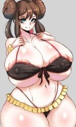 1girls 2d areola_slip areolae bikini blue_eyes breasts breasts_bigger_than_head brown_hair busty female female_only game_freak hudie_jun light-skinned_female light_skin looking_at_viewer microskirt nintendo nipple_bulge nipples pokemon pokemon_bw rosa_(pokemon) skirt solo solo_female tagme thick_thighs thighs