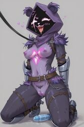 ai_generated animal_ears anthro belts blush dildo kneeling leash open_mouth pleasure_face purple_body raven_team_leader saliva slave_collar slavegirl wet_pussy