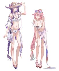 2girls absurd_res absurdres adult adult_female ankles arm_above_head arm_up bare_arms bare_belly bare_chest bare_hands bare_hips bare_knees bare_legs bare_midriff bare_navel bare_shoulders bare_skin bare_thighs bare_toes beach_hat belly belly_button bikini bikini_bottom bikini_only bikini_top braid braided_hair braided_ponytail breasts busty busty_female busty_girl cleavage closed_mouth_smile collarbone curvaceous curvaceous_body curvaceous_female curvaceous_figure curvaceous_hips curvy curvy_body curvy_female curvy_figure curvy_hips elbows exposed_arms exposed_belly exposed_chest exposed_hips exposed_legs exposed_midriff exposed_navel exposed_shoulders exposed_skin exposed_thighs exposed_toes feet female female_focus female_only fingers footwear full_body genshin_impact groin hair_between_eyes hair_ornament hair_ornaments hand_above_head hand_up hat high_resolution highres kinomtan knees large_breasts lean_figure leaning_forward legs long_hair looking_at_viewer mature mature_female midriff multiple_females multiple_girls narrow_waist navel pink_eyebrows pink_hair pink_hair_female ponytail purple_eyebrows purple_eyes purple_eyes_female purple_hair purple_hair_female raiden_shogun sandals shoulders side-tie_bikini simple_background slender_body slender_waist slim_waist smile smiley_face smiling smiling_at_viewer smirk standing string_bikini sunglasses sunglasses_on_forehead sunglasses_on_hat sunglasses_on_head swimsuit swimwear thighs toes very_long_hair white_background yae_miko
