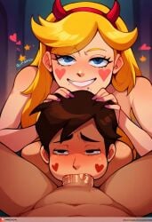 1girls 2024 2boys ai_generated alternate_version_available assisted_fellatio big_penis blonde_hair fellatio female_supporting_yaoi forced_oral gay marco_diaz pov pov_male sphpotlover star_butterfly star_vs_the_forces_of_evil yaoi