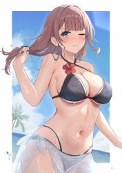 1girls beach bikini blue_eyes breasts brown_hair female female_focus female_only large_breasts long_hair loulis midriff mochizuki_honami ocean project_sekai sea seaside solo solo_female solo_focus swimsuit water wet