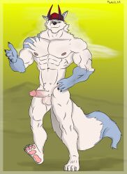 abs absurd_res anthro balls big_balls big_muscles big_pecs canid canine canis genitals hi_res humanoid_genitalia humanoid_penis kumoyama machki12_ka male mammal muscular muscular_male pecs penis smiley_face solo wolf xxl_woofia