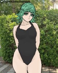 arms_behind_back artist_name artist_signature closed_mouth clothed green_eyes green_hair half-dressed human legs looking_at_viewer no_bra no_panties one-punch_man one_punch_man outside overnight real_life real_life_background shy tatsumaki thick_legs thick_thighs thighs tree tsundere