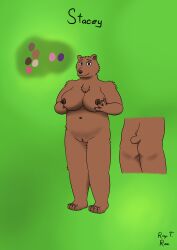 absurd_res anthro ass bear big_breasts breasts brown_bear brown_body brown_fur chest_fur eyeshadow female fur genitals grizzly_bear hi_res holding_breast makeup mammal nude overweight overweight_female purple_eyes reference_image royt_rex smile solo stacey_(royt_rex) standing tail ursine vulva