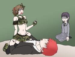 1boy 1boy2girls 2girls actualtrashhuman akabane_karma army_girl army_uniform assassination_classroom bare_midriff bare_shoulders belt black_legwear black_stockings boots bow_in_hair brown_hair camo camo_clothing camo_print camouflage camouflage_bikini camouflage_boots camouflage_bow camouflage_skirt choker clothed_sex cosplay cowgirl_position crop_top cucked_by_crush cucked_by_friend cuckolding cuckquean female fingerless_gloves flat_stomach forced_to_watch groin hairbow humiliation implied_penetration implied_sex jealous jealousy laughing male middle_finger midriff military_uniform miniskirt navel nerdy_female netorare okuda_manami pleated_skirt ponytail revealing_clothes reverse_netorare sadistic skinny_female skirt slender_waist thigh_highs underboob yada_touka