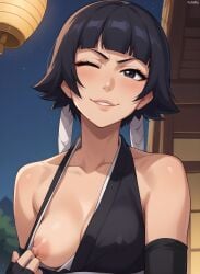 ai_generated bleach blush erect_nipples erect_nipples_under_clothes exhibitionism female flashing flashing_breasts futality japanese_clothes looking_at_viewer medium_breasts one_breast_out outdoors seductive seductive_look smile smirk soifon solo wink