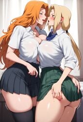 2girls ai_generated big_ass big_breasts big_butt bleach bleach:_the_thousand-year_blood_war blush blushing_female blushing_profusely breasts_to_breasts breasts_touching breath bubble_ass bubble_butt cleavage crossover deep_cleavage dripping duo duo_female female female_only hand_on_another's_ass huge_ass huge_breasts kissing large_breasts massive_breasts matsumoto_rangiku narrow_waist naruto naruto_(series) naruto_shippuden open_clothes open_mouth open_shirt saliva saliva_drip saliva_trail school_uniform self_upload skirt skirt_lift skirt_pull sweatdrop sweating sweaty sweaty_body sweaty_breasts sweaty_butt thick_thighs tsunade wide_hips yeetyboi5000 yuri yuri