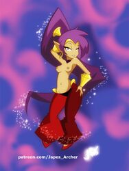 abstract_background areolae breast breasts choker dancing earrings female female_only footwear full_body genie gold_(metal) highres hoop_earrings humanoid japes long_hair medium_breasts navel nipples pants pointy_ears ponytail purple_hair shantae shantae_(character) shoes signature smooth_skin solo sparkle standing tied_hair topless vambraces very_long_hair