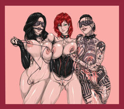 3girls areolae big_breasts black_hair blindfold bondage bound_together breast_to_breast breasts clitoris clitoris_clamp clitoris_string collar commander_shepard faymantra female female_only femshep femsub gag green_eyes jack_(mass_effect) large_breasts linked_clitoris linked_collar linked_navel linked_nipples linked_piercings linked_pussy looking_at_viewer mass_effect miranda_lawson multiple_girls multiple_subs mutual_linked_nipples mutual_linked_piercings nipple_clamps nipple_piercing nipple_pull nipple_string nipples nipples_linked_to_another nipples_to_navel nipples_to_pussy nude pussy red_hair tattoo