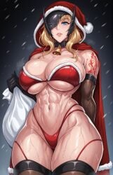 1girls abs big_breasts blonde_hair blue_eyes broken_mask christmas christmas_outfit collar goddess_of_victory:_nikke grave_(nikke) hood mask muscular_female sack thick_thighs thighhighs yvevix