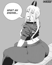 1girls ass big_ass chainsaw_man daimusraw demon_girl demon_horns english_text female female_only greyscale horns long_hair looking_at_viewer looking_back monochrome pants ponytail power_(chainsaw_man) sharp_teeth sitting solo speech_bubble teeth