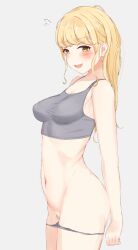 :d absurdres alternate_hairstyle blonde_hair blush breasts chita_ma_hiro clothes_pull female flying_sweatdrops fujita_kotone gakuen_idolmaster highres idolmaster long_hair medium_breasts midriff navel oerba_yun_fang open_mouth panties panty_pull pubic_hair simple_background smile solo sports_bra stomach underwear white_background yellow_eyes