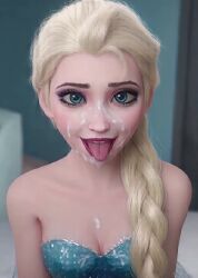 1girls ai_assisted ai_generated animated blonde_hair blue_dress blue_eyes cleavage cum cum_on_face elsa_(frozen) facing_viewer frozen_(film) looking_at_viewer red_lipstick shorter_than_10_seconds small_breasts strapless strapless_dress tagme vertical_video video