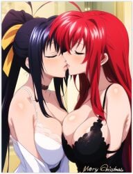 2females 2girls 2women ai_generated akeno_himejima girl_on_girl high_school_dxd lesbian_couple lesbian_kiss merry_christmas rias_gremory sapphic yuri yuri yuri