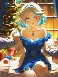 1boy 1other :d absurd_res ahoge ai_generated alternate_breast_size alternate_costume bare_shoulders blue_dress blue_eyes blue_gemstone blue_hair blue_nails blue_pupils blush box breasts christmas christmas_ornaments christmas_tree cleavage collarbone colored_inner_hair cowlick cup curtains dress drink drinking_glass drop-shaped_pupils feet_out_of_frame female fingernails food frilled_dress frills fruit furina_(genshin_impact) gem genshin_impact gift gift_box hair_between_eyes hair_intakes heterochromia holding_hands indoors jacket jewelry large_breasts light_blue_hair long_hair long_sleeves looking_at_viewer medium_breasts ministro mismatched_pupils multicolored_hair nail_polish necklace night off-shoulder_dress off_shoulder open_clothes open_mouth orange_slice pendant pov pov_hands short_dress short_hair sidelocks sitting smile snow snowing solo_focus strapless_dress streaked_hair sweat table thighs two-tone_hair white_hair window