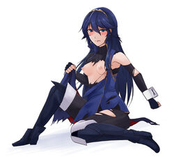 armpit blue_eyes blue_hair blush breasts embarrassed female fire_emblem fire_emblem_awakening lucina_(fire_emblem) nintendo nipples ripped_clothing sara_(arorasyeimi) tiara torn_clothes