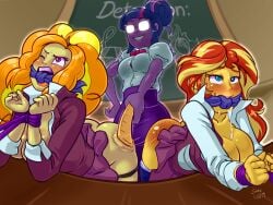 3girls adagio_dazzle arms_tied ass bent_over blush bondage bound bound_wrists breasts chalkboard classroom cloth_gag dominant_female drool equestria_girls female female_only femdom femsub friendship_is_magic gag gagged multiple_girls multiple_subs my_little_pony pants_down pleasure_face rope rope_bondage sci-twi shaxbert spank_marks spanking submissive submissive_female sunset_shimmer twilight_sparkle_(mlp) yuri