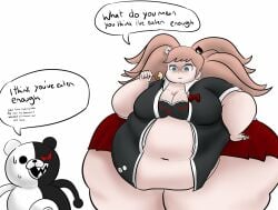 belly_overhang black_and_red_bra black_and_white_fur black_shirt cake_pop chubby_face danganronpa dialogue double_chin exposed_bra fat fat_folds flabby_arms flabby_legs food_in_hand hand_on_hip junko_enoshima komakomaranger monokuma obese obese_female obese_human open_shirt overweight overweight_female overweight_human polka_dot_bra red_bowtie red_skirt speech_bubble strawberry_blonde_hair teddy_bear twintails white_collar